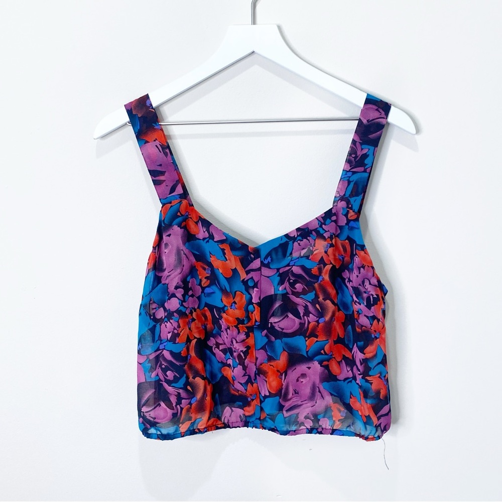 Reformed Chiffon Sheer Blue Purple & Red Floral Button Up Crop Top